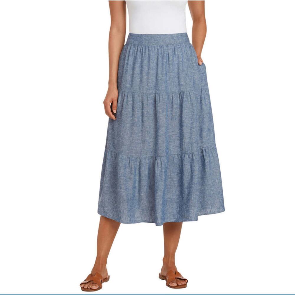 New! Matty M Women's Plus Linen Blend Side Slit Pockets Tiered Midi Skirt